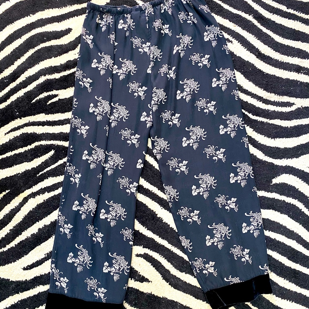 Black & Silver Floral Print Silk Pants/Velvet Cuff